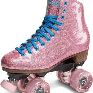 Like New SureGrip Pink Glitter Roller Skates with Blue Laces